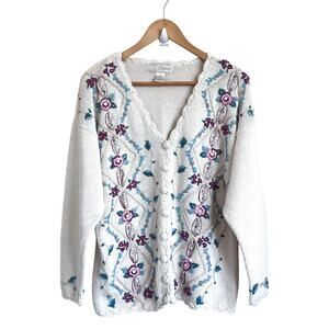 Vintage Cottagecore Boho Women Cardigan Sweater Large Cream Floral Romantic Knit